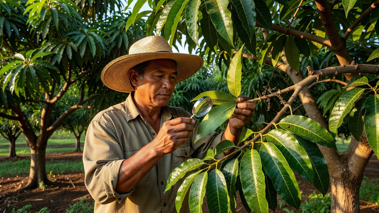 Gardener inspecting mango leaves and nearby stems for insects and damage
