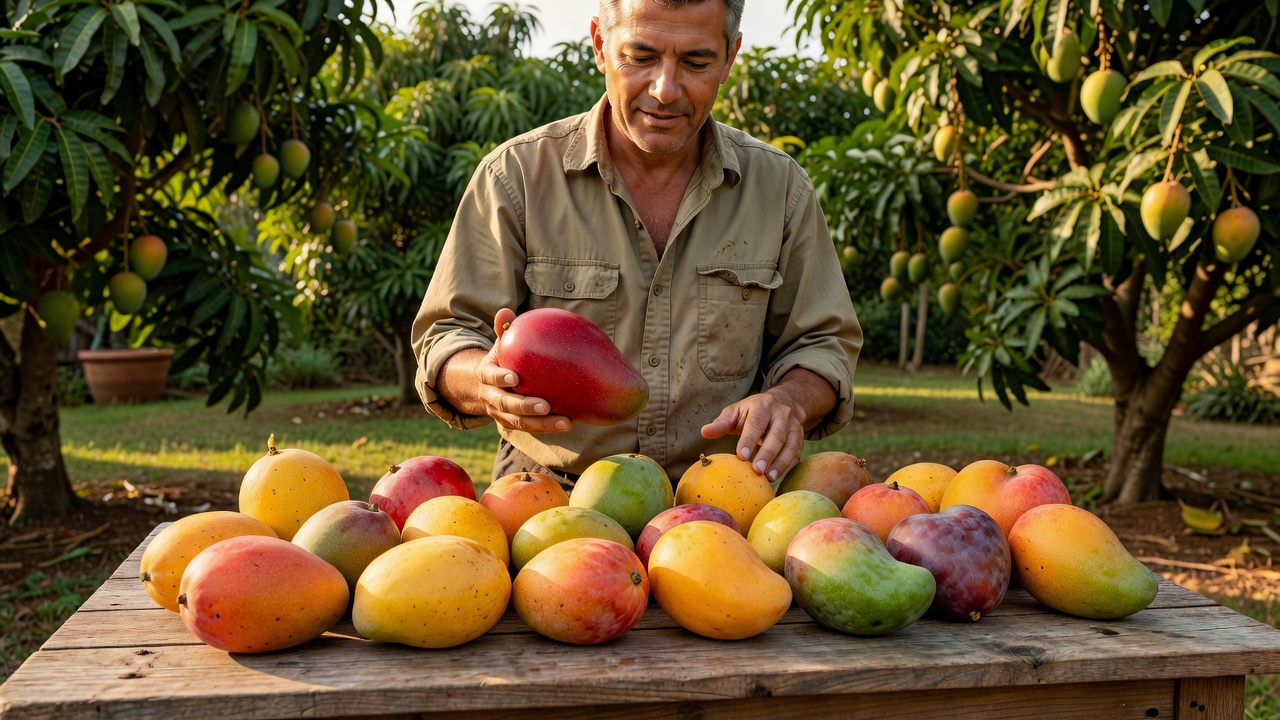 Home grower comparing different mango fruit shapes and skin colours on a garden table