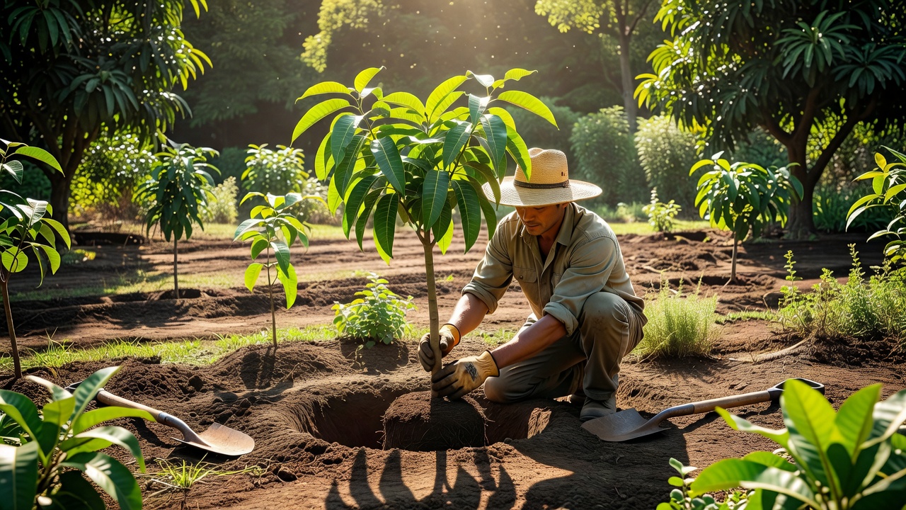 Grower positioning a young grafted mango tree in a broad planting area in a sunny garden