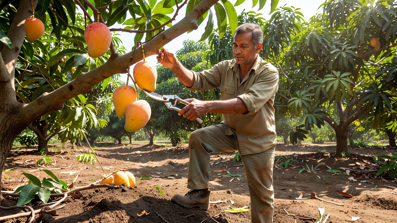 Gardener using clean hand pruners on a reachable mango branch after harvest