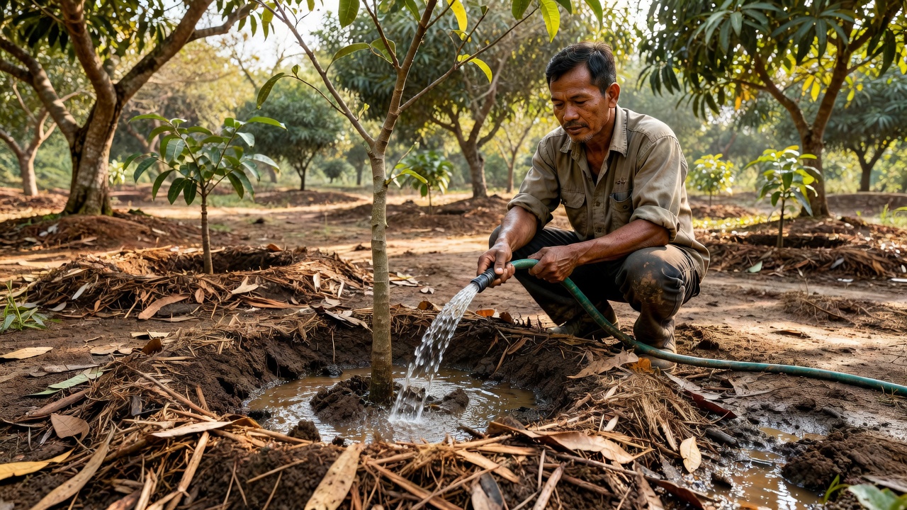 Grower watering soil around the mulched root zone of a young mango tree